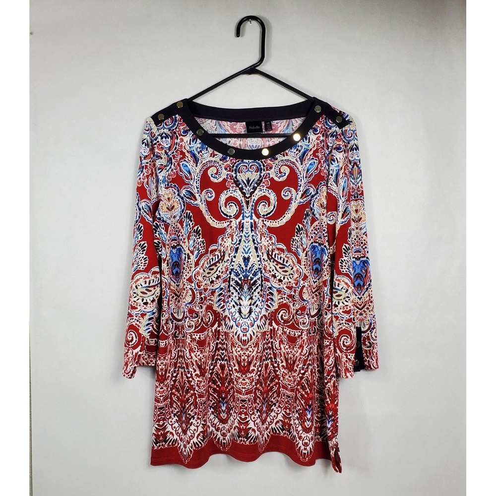 Rafaella Womens Red Paisley 3/4 Sleeve Studded Boat Neck Tunic Top Large L/G